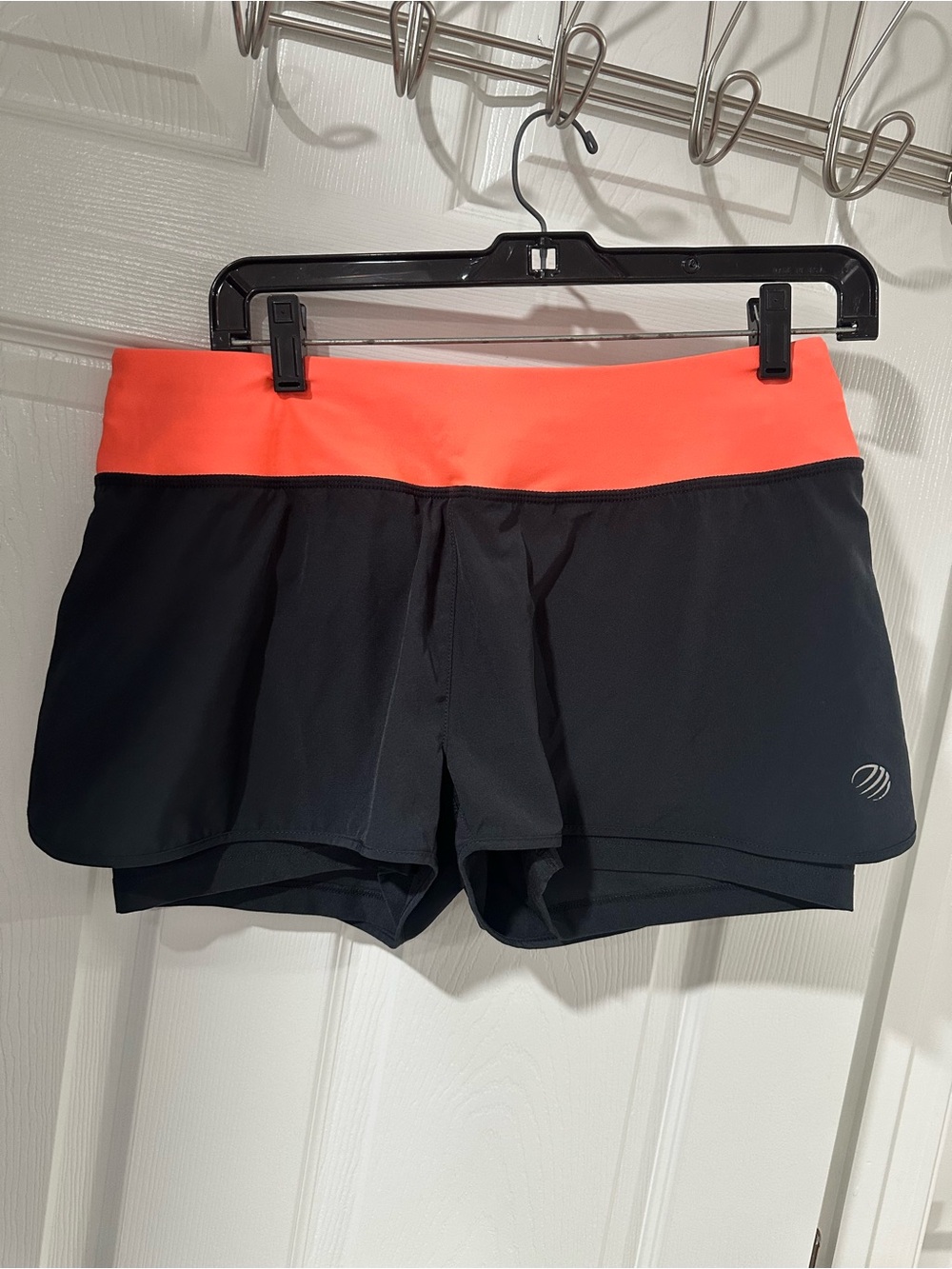 Women’s Black Athletic Shorts with Coral Waistband and attached Biker Shorts